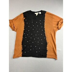 Gilded Intent Bleach Dye Distressed Studded T-Shirt Extra Large Faux Pearl XL